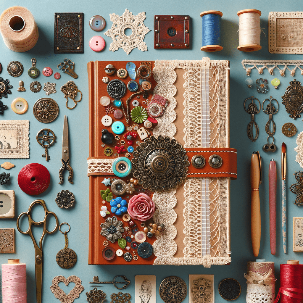 Alt text: A book cover design featuring a vintage craft theme with sewing items such as buttons, lace, thread spools, and scissors, arranged in an artistic and ornate composition on a teal background.