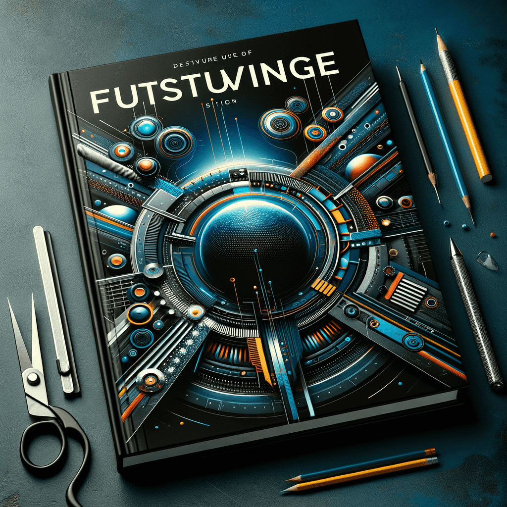 Alt text: Book cover design for "Future of Design" by Futurive, featuring a stylized metallic portal with futuristic circuit patterns, glowing blue lights, and orange accents. Scissors, pencils, and pens are scattered around the book on a dark surface, implying a creative process.