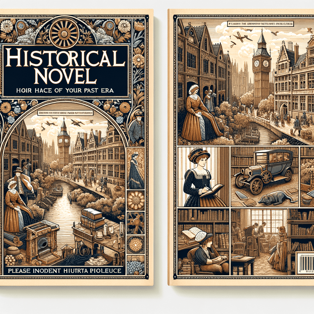 Two book cover designs for a "Historical Novel," both featuring ornate frames with images depicting scenes from past eras. The left cover shows a woman in period dress looking over a balcony towards a village, while the right displays a person reading by the window with a view of an old-fashioned car and Big Ben in the distance. The covers exude a vintage aesthetic consistent with historical literature.