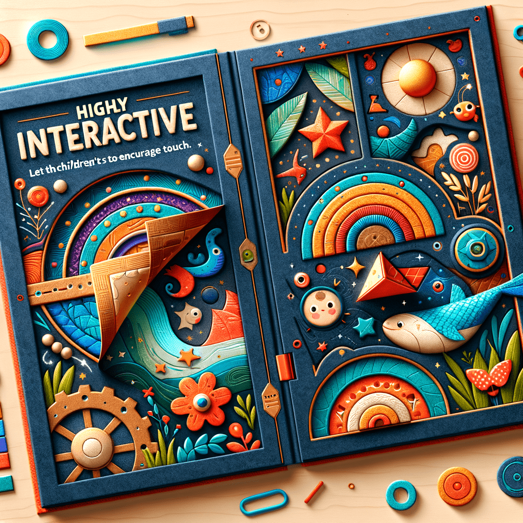 "Book cover design for 'Highly Interactive' featuring a tactile and colorful 3D illustration with shapes, nature elements, and puzzle pieces, suggesting an engaging children's activity book."