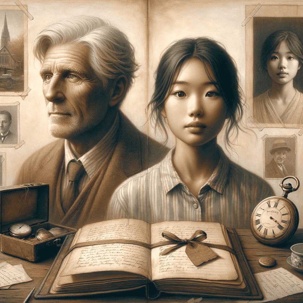 Alt text: Book cover featuring an older man and a young girl surrounded by various objects, including an open book, a pocket watch, and photographs, suggesting a narrative steeped in history and mystery.