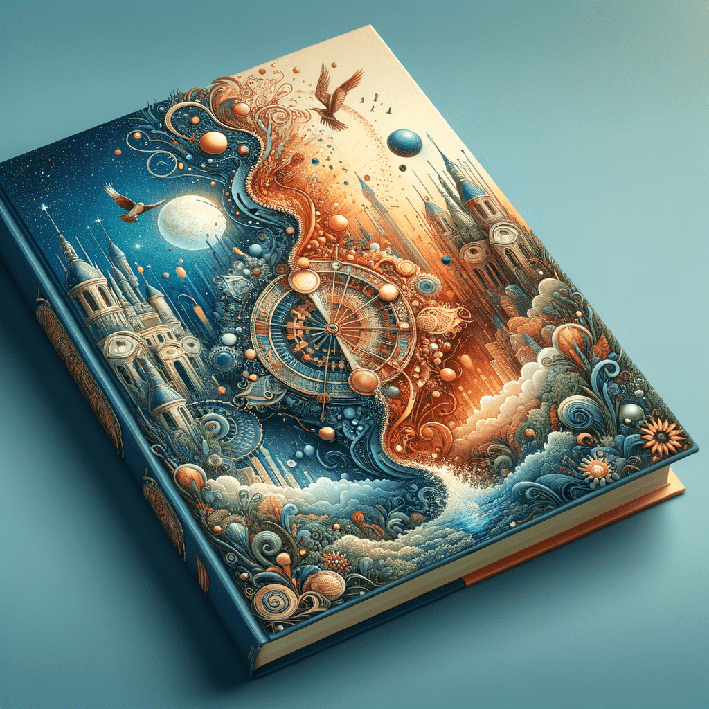 A richly detailed, fantasy-themed book cover featuring a surreal landscape with celestial bodies, intricate clockwork, and whimsical architecture, all blending together in a harmonious illustration with a warm color palette.