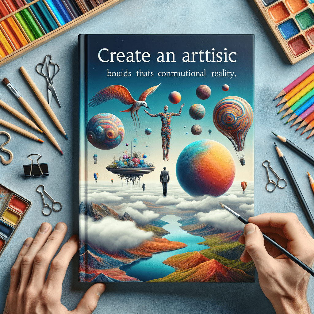 A person's hands holding a book titled "Create an artisstic" with a surreal cover design featuring elements like floating planets, a human silhouette with cosmic patterns, a vibrant, otherworldly landscape, and artistic tools scattered around.