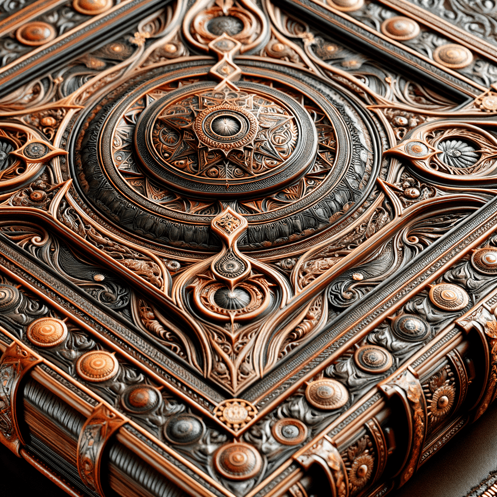 An intricate, ornate book cover design with embossed details and metallic textures, featuring circular motifs and elaborate filigree patterns.