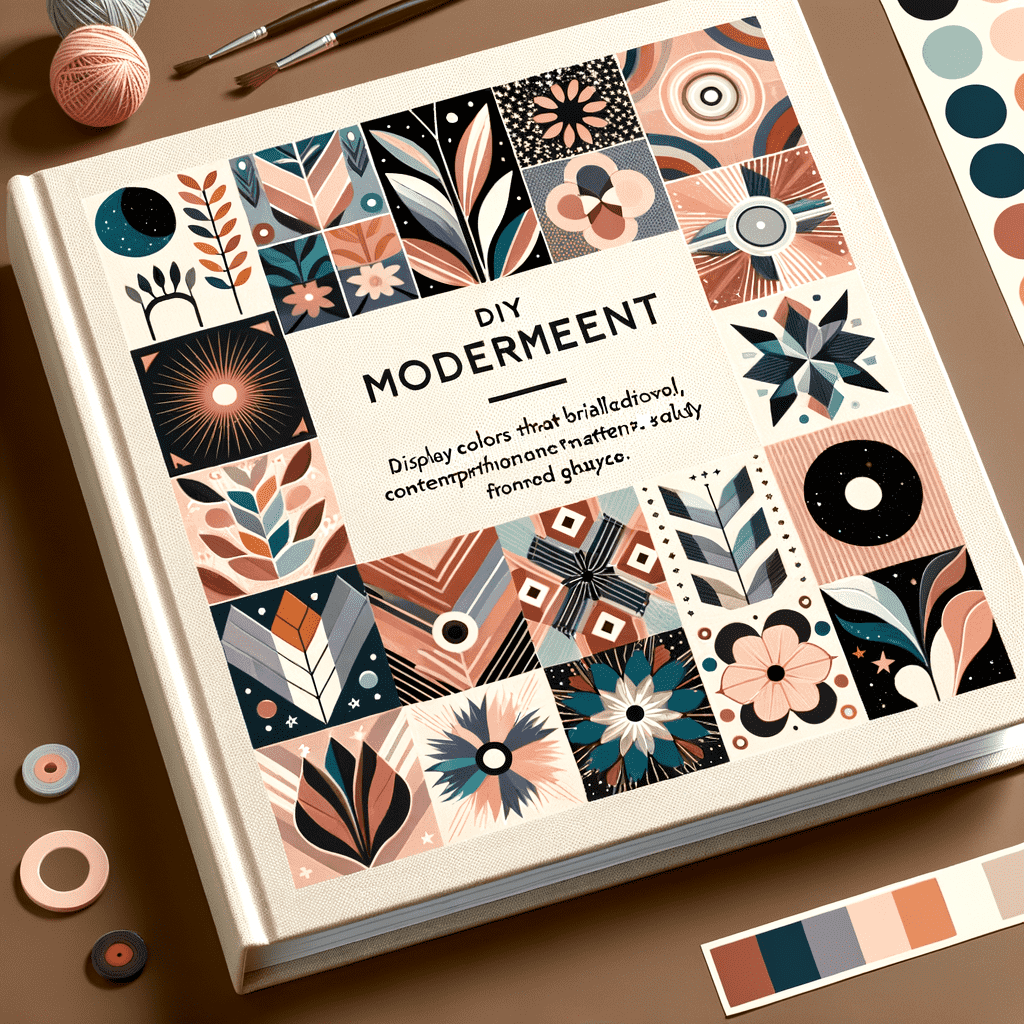 A book cover titled "DIY MODERNMENT" with subtitle "Display colors that inlaid today, contemporary for that intent, sadly fronted galleyco." The cover features an array of modern, geometric designs with floral motifs in a palette of coral, teal, and beige, laid out on a pale surface with color swatches and design materials nearby.