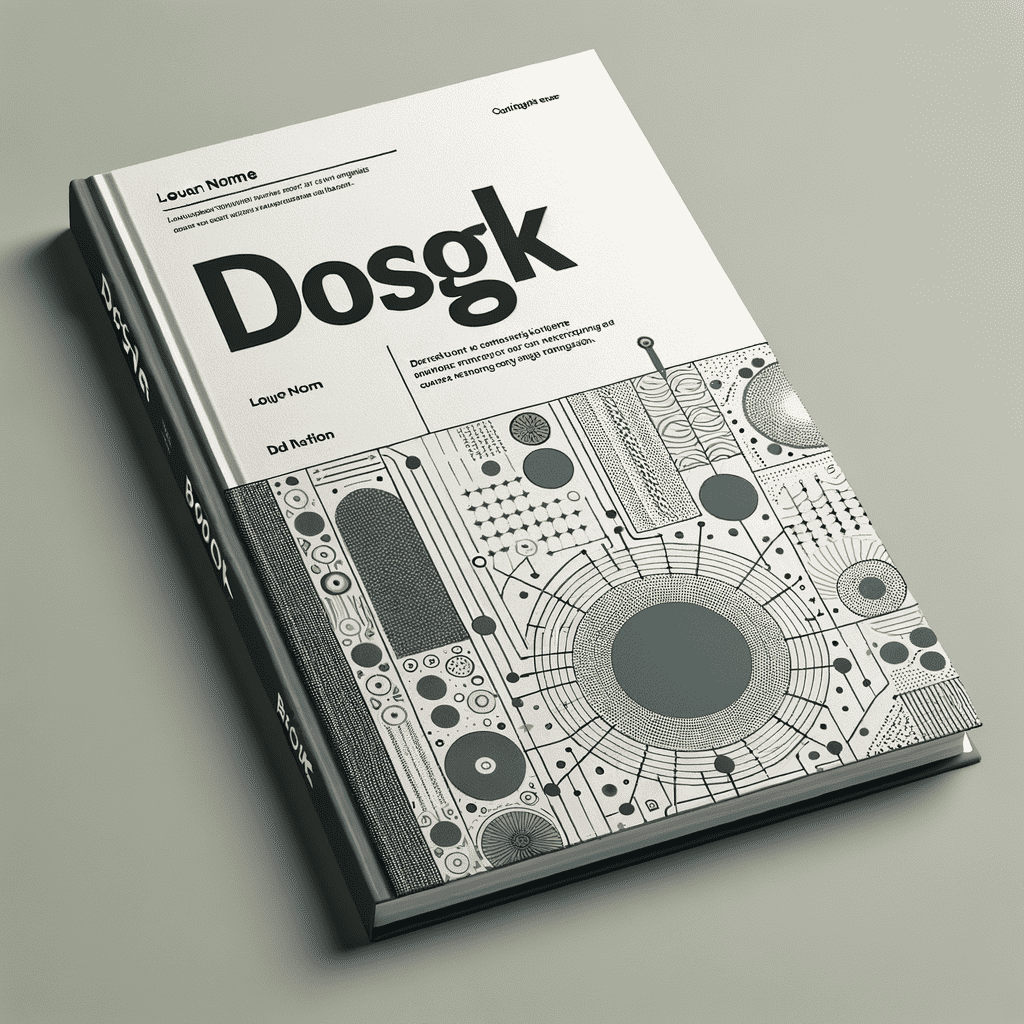 A book titled "Dosgk" with an intricate geometric and abstract design on the cover, featuring circles, lines, and dots in black and white.