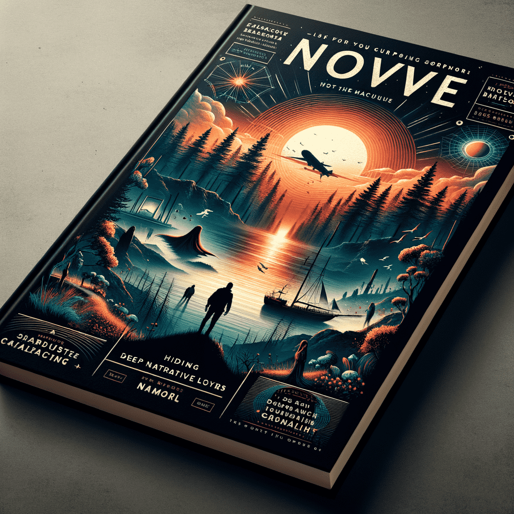 Alt text: A highly detailed, vintage-style book cover for a novel titled "NOVE", featuring an illustration of a sunset over a scenic lake with mountains in the background. Silhouettes of a person standing on a dock and birds flying are visible, with pine trees framing the scene. The cover includes intricate decorative elements and text that suggests it is a science fiction or fantasy genre book.