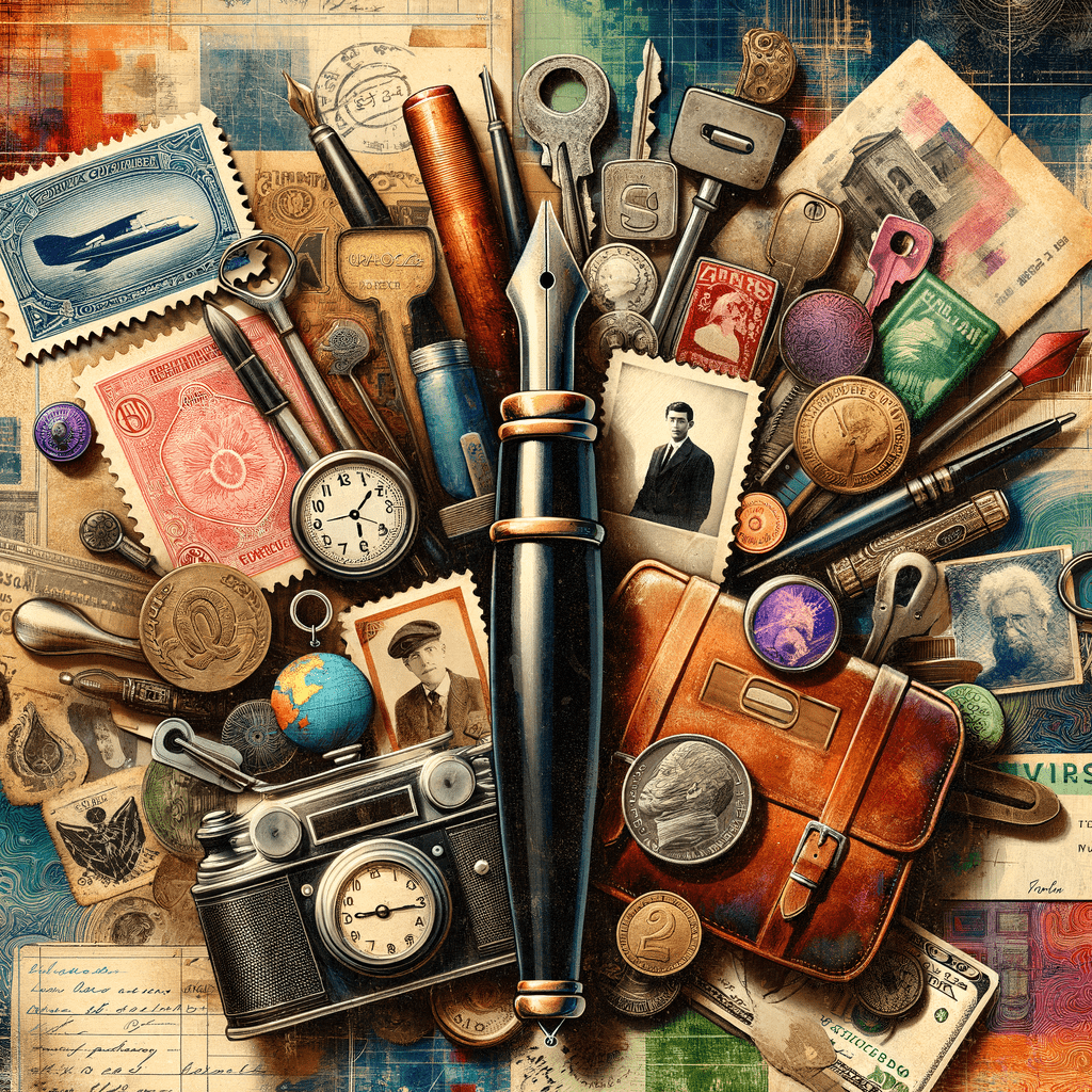 Alt text: A vintage-style collage featuring an assortment of objects such as old keys, pens, postage stamps, photographs, a pocket watch, a small globe, a leather suitcase, currency notes, and a classic camera, suggesting themes of travel, history, and exploration.