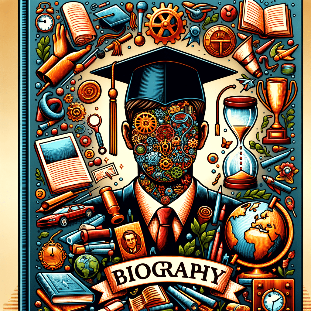 A book cover titled "BIOGRAPHY" with an illustration of a person wearing a graduation cap, the head filled with gears, surrounded by symbolic imagery of learning and knowledge, such as books, a globe, a microscope, and an hourglass, all in a detailed, colorful style.