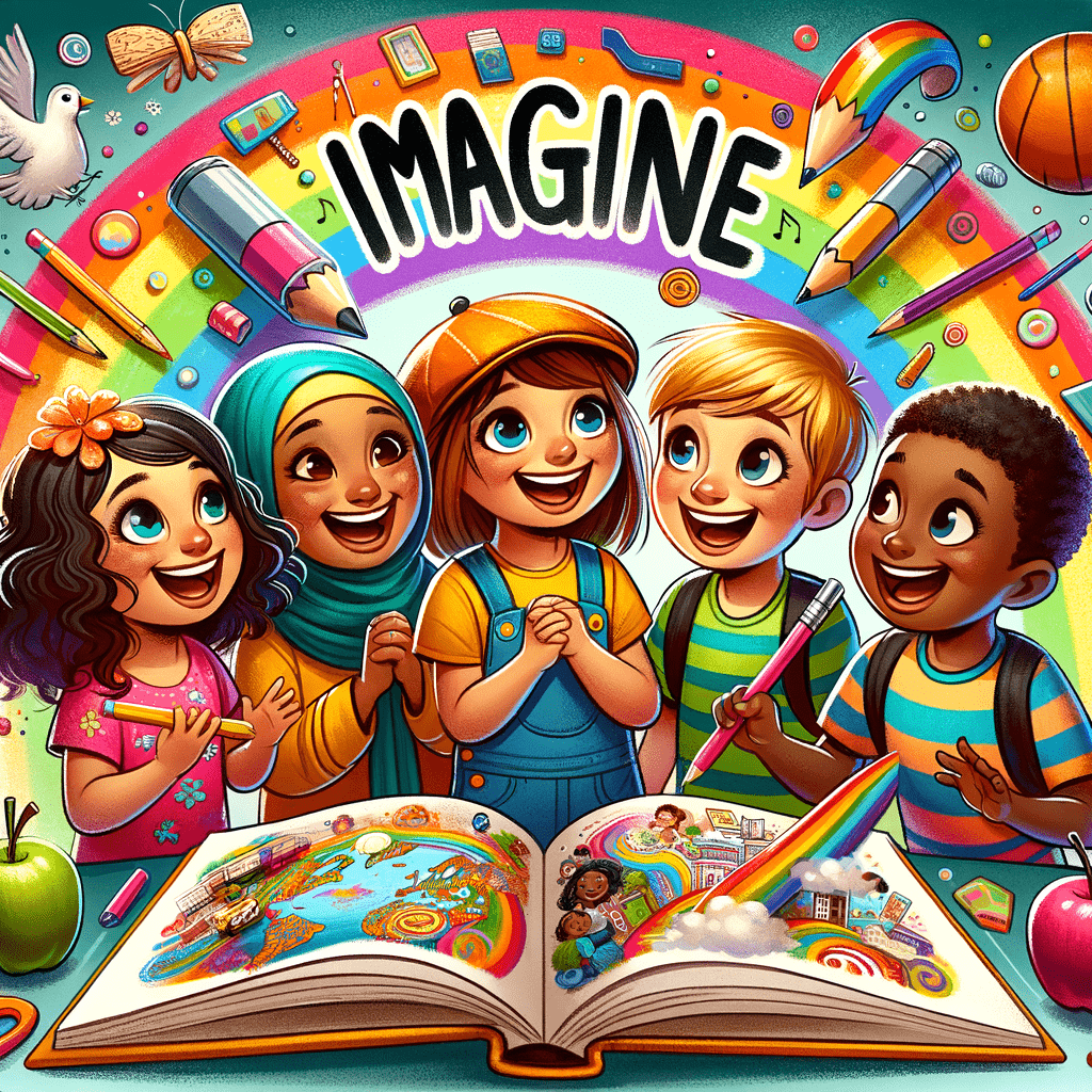 Alt text: Colorful book cover for "Imagine" featuring an illustrated group of diverse children with bright, smiling faces gathered around a magical open book. Visual elements like a rainbow, paintbrushes, musical notes, a globe, and various symbols of creativity and learning emanate from the book, adding to the whimsical atmosphere.