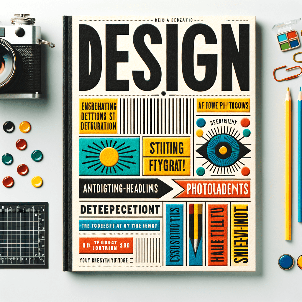 Alt text: "Book cover with the title 'DESIGN' prominently displayed in bold letters, surrounded by various colorful graphics and text that mimic design elements and typographic styles. The cover features a mix of patterns, shapes, and playful phrases related to design. Accessories like a camera, pencils, and a ruler are arranged around the book, suggesting a creative workspace."