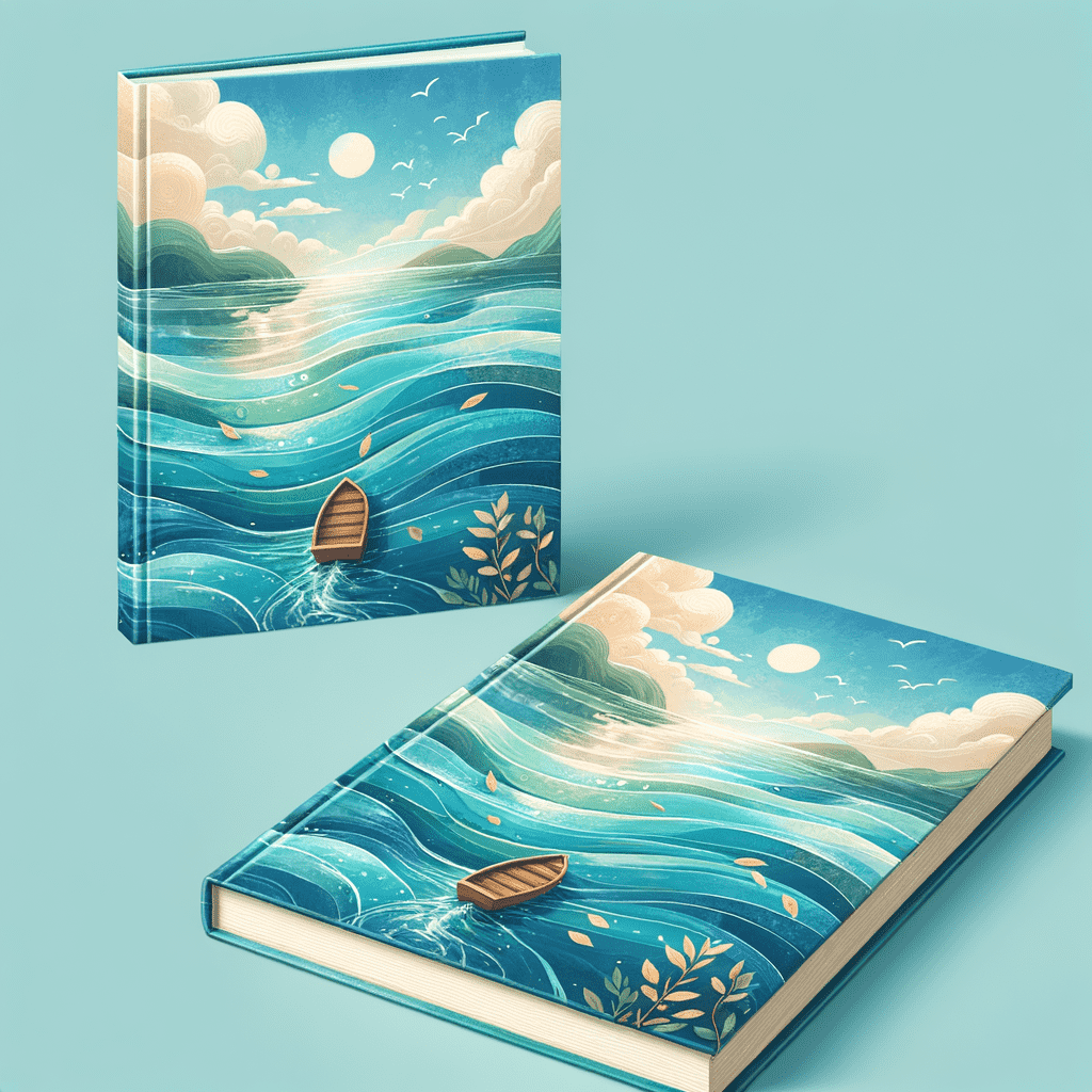 Two books with illustrated covers depicting a serene seascape with waves, a small boat, and a sky with clouds and a bright moon. The scene is rendered in a stylized manner with a blue and teal color palette.