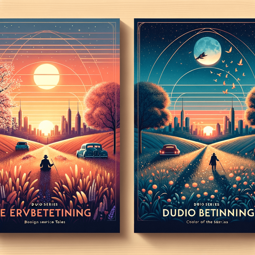 Two illustrated book covers with a retro-futuristic style, both featuring a central figure walking towards a cityscape under a large sun or moon, with flying vehicles in the sky. The left cover has a warm orange and red color scheme of a sunset, while the right one has a cool blue and purple night theme. Both covers include the title "Dudio Series" and subtitles in smaller letters.