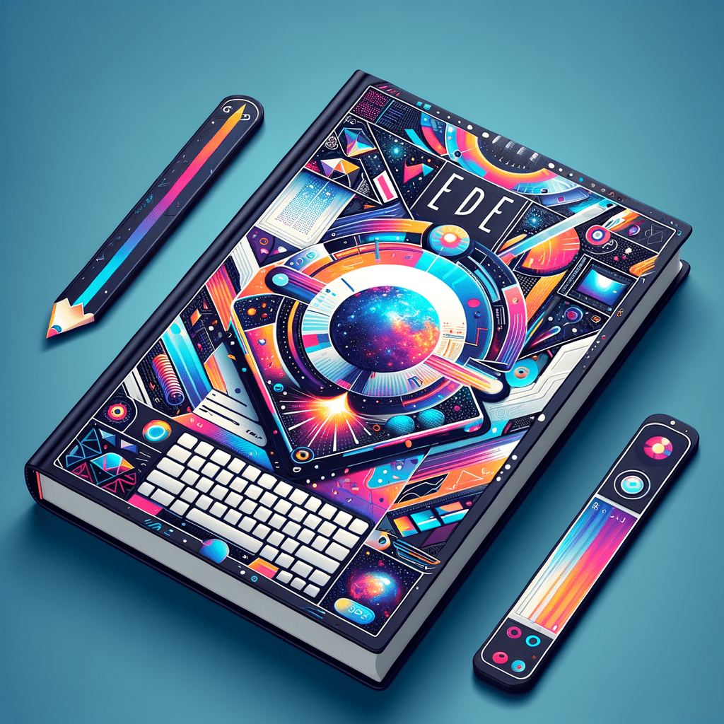 Book cover design featuring vibrant cosmic and technological illustrations, with a central circular motif representing a galaxy, surrounded by various geometric shapes and elements suggestive of data and information flow. A pencil and a stylus, also adorned with colorful patterns, lie next to the book.