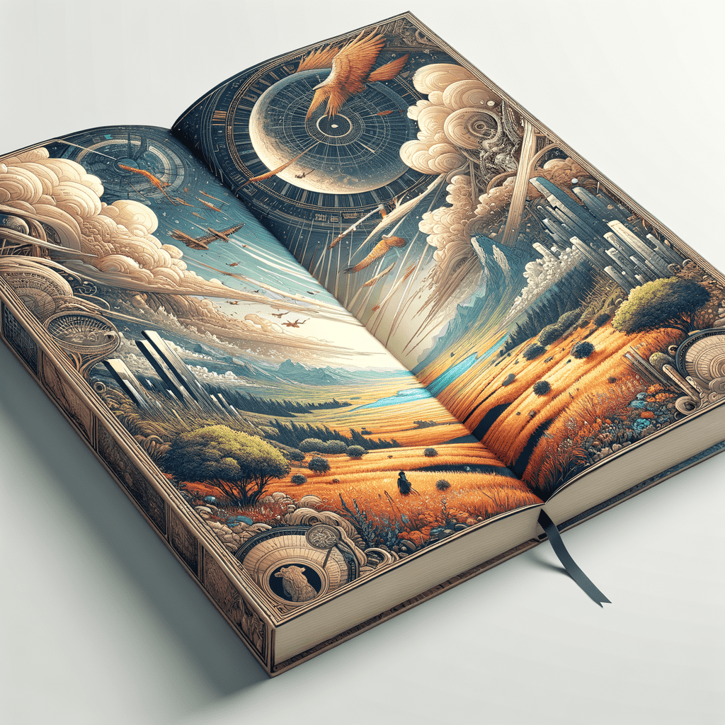 An open book featuring an intricate illustration that spreads across both pages, combining elements of time, nature, and fantasy with a vivid color scheme.