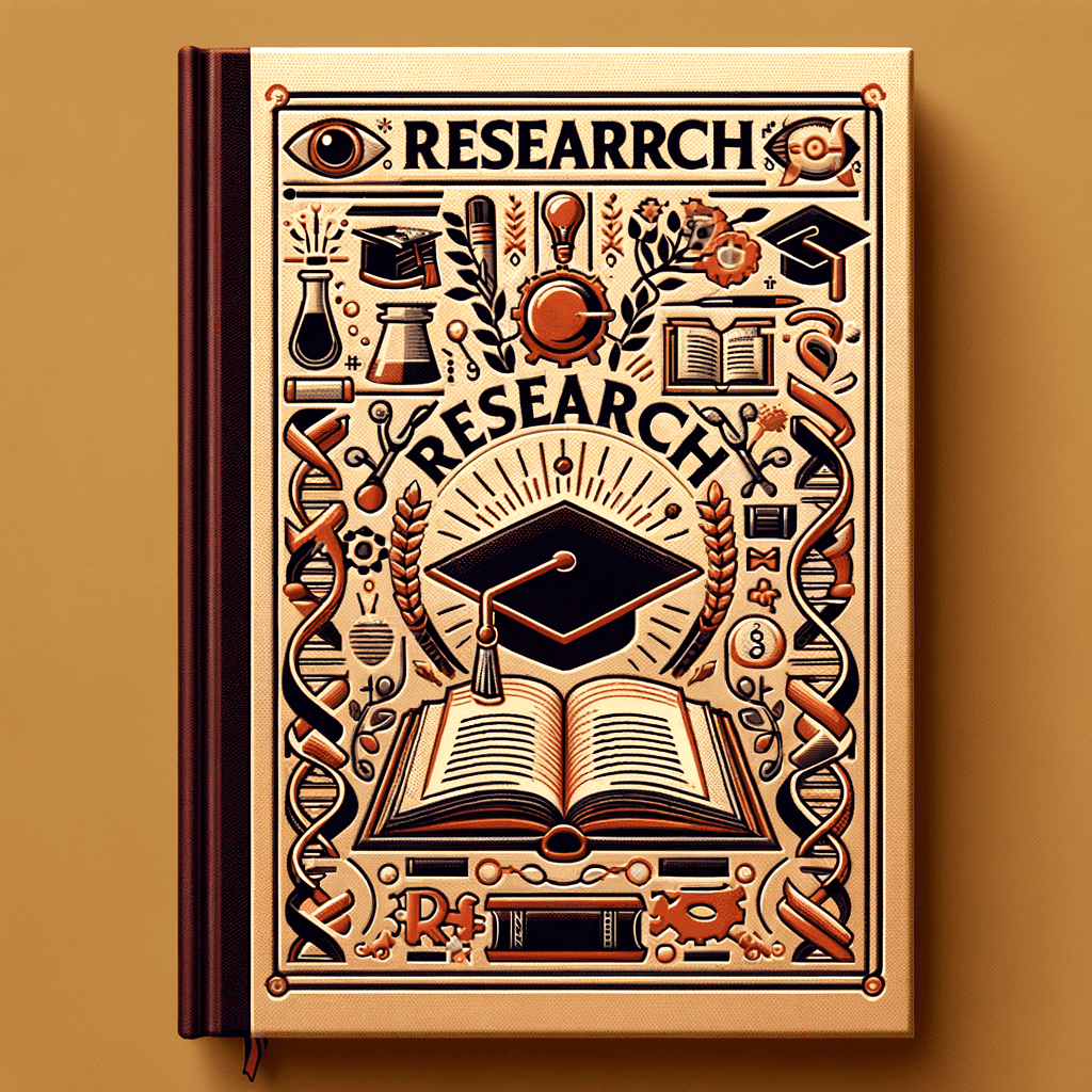 Alt text: An intricate book cover design featuring the word "RESEARCH" at the center with illustrations of a microscope, beaker, academic cap, magnifying glass, and other research-related items in a symmetrical layout, with a rich color palette of orange, black, and beige.