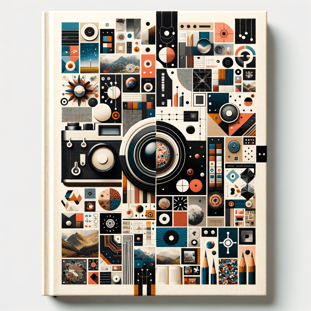 "Abstract book cover featuring a modern, geometric design with various shapes, planets, landscapes, pencils, and cameras in a harmonious and aesthetically pleasing arrangement."
