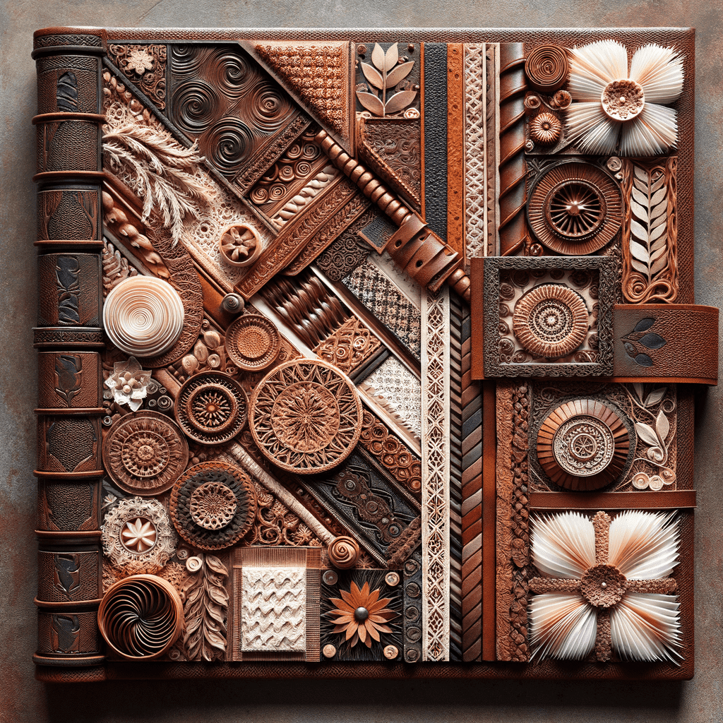 An ornate book cover featuring a three-dimensional collage of various textured patterns, gears, botanical elements, and ornamental designs, all in shades of brown, giving it a steampunk and vintage aesthetic.