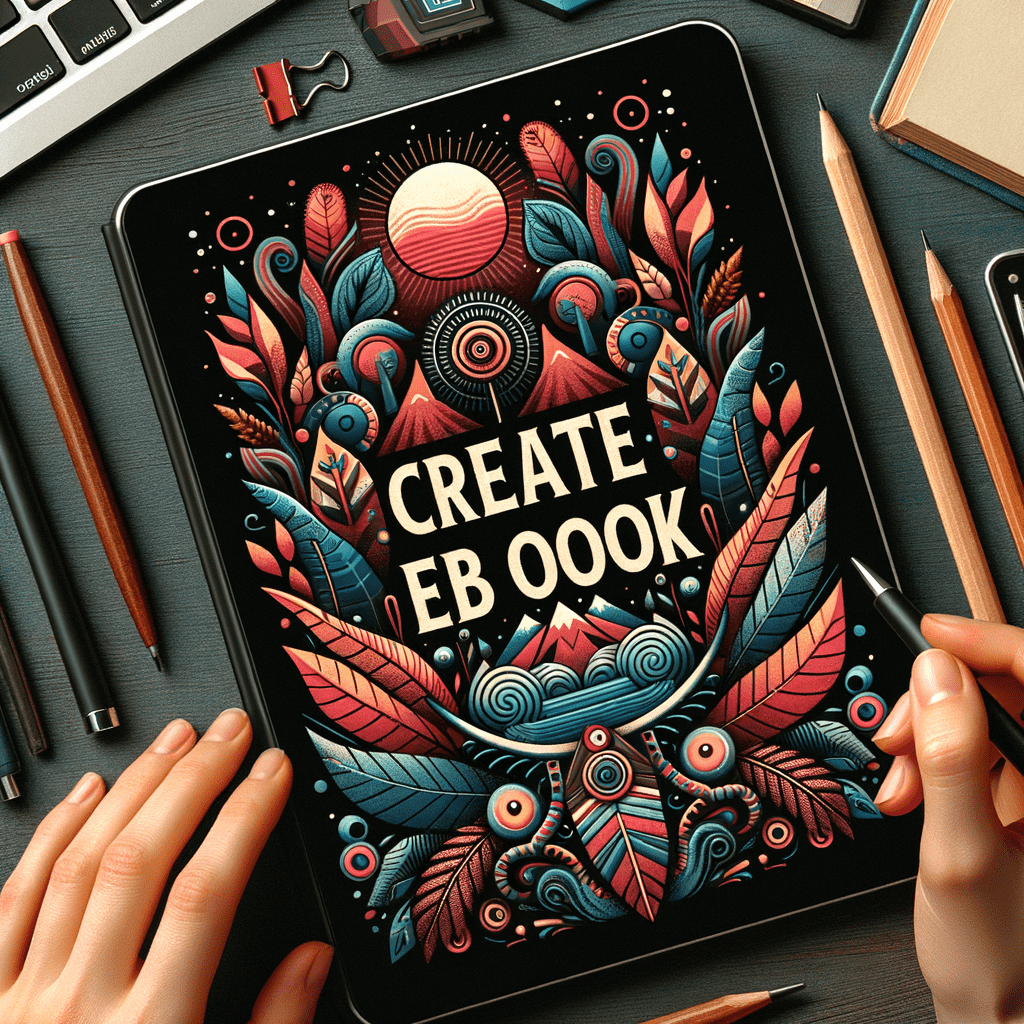 Alt text: "Illustration of an artistic and colorful book cover design displayed on a tablet, featuring the word 'CREATE' in bold letters, surrounded by vibrant, intricate floral and abstract patterns, with hands holding the tablet above a desk with drawing tools."