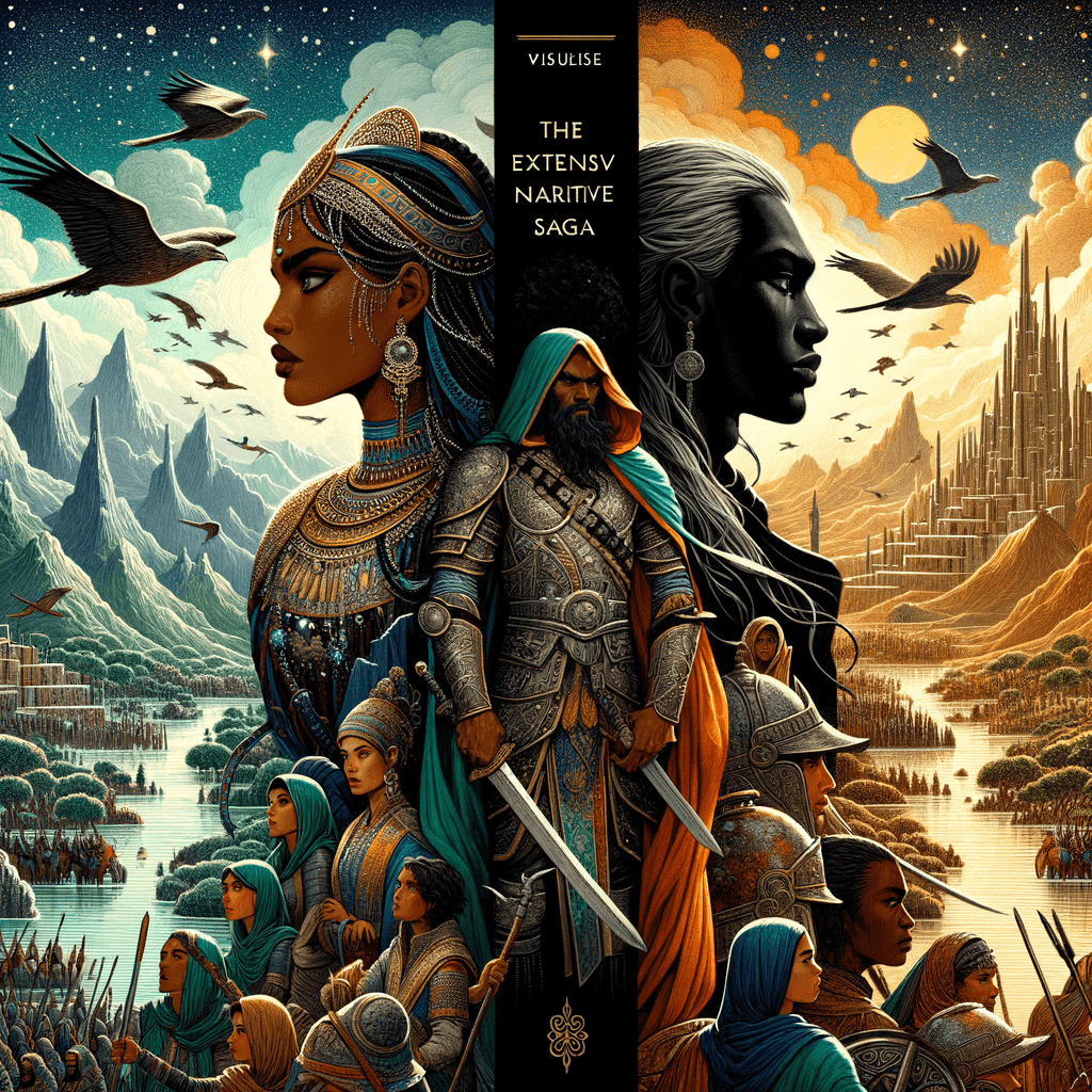 Alt text: Book cover illustration for "The Extensive Narrative Saga," featuring a detailed artwork with three main characters: a warrior woman in elaborate armor with cosmic elements on the left, a bearded warrior in traditional garb holding a sword in the center, and a profile of a noble-looking woman on the right. The background consists of an epic landscape with mountains, an army of soldiers, and a futuristic city beneath a starry sky with birds and a spacecraft.