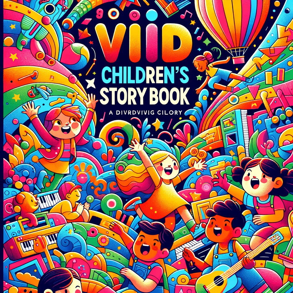 Alt text: Brightly colored book cover for "Vivid Children's Story Book" featuring cartoon children playing instruments, singing, and reading, surrounded by whimsical elements like stars, hot air balloons, and musical notes, all set against a vibrant, patterned background.