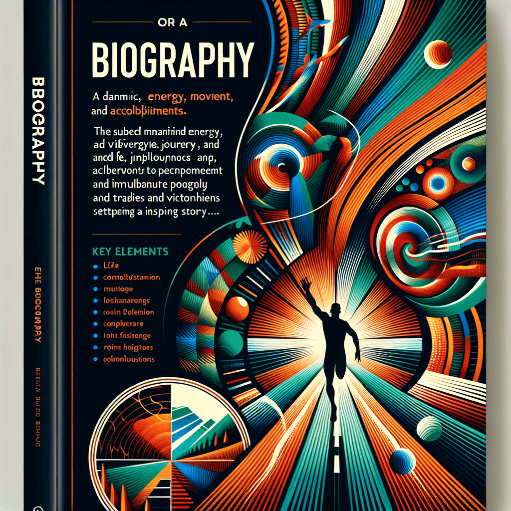 Alt text: Book cover for "A Biography," featuring abstract, swirling patterns and vibrant colors emanating from the center, with text superimposed on the design detailing the book's themes of life, energy, and achievements.