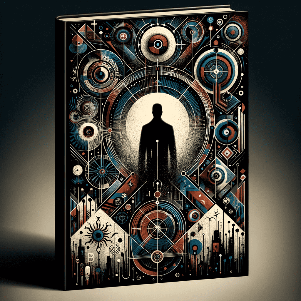 Book cover with a silhouette of a person standing at the center of an intricate cosmic and geometric design featuring circles, stars, and urban elements in a dark color palette with gold and blue highlights.