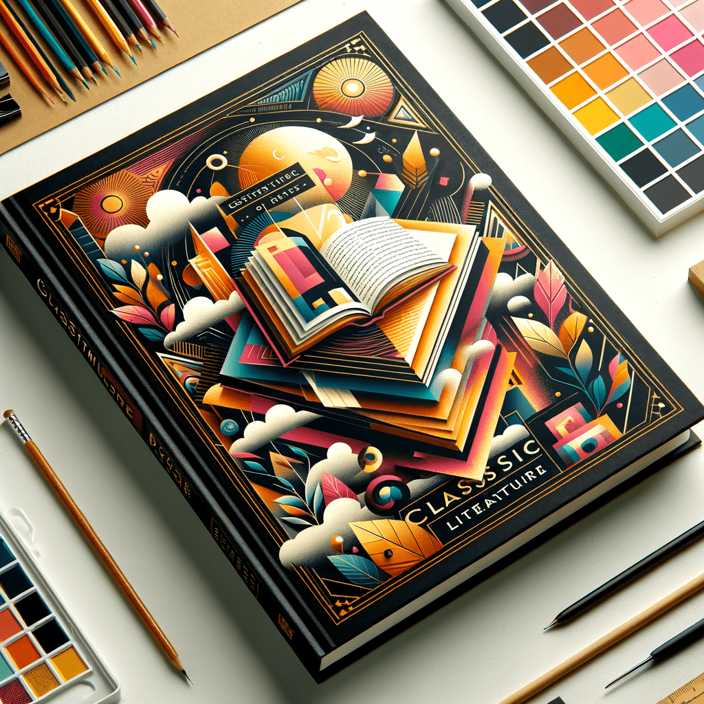 A colorful and intricately designed book cover with 3D pop-out art featuring an open book, abstract shapes, and the title "Classic Literature." The cover sits on a table surrounded by art supplies, suggesting a creative or artistic theme.