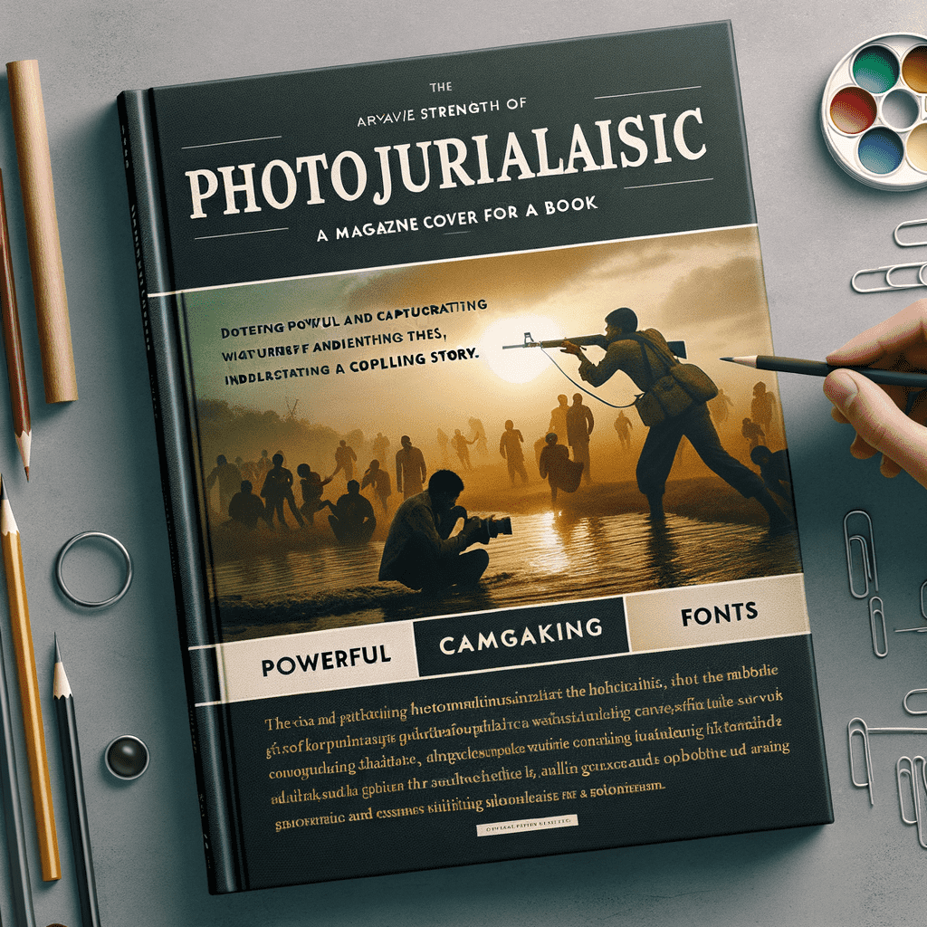 "Book cover mock-up titled 'Photojournalism,' designed to resemble a magazine layout, with text describing elements like 'powerful' and 'captivating fonts,' set against an image of a photographer capturing a dramatic scene of figures in water with a sunset background."