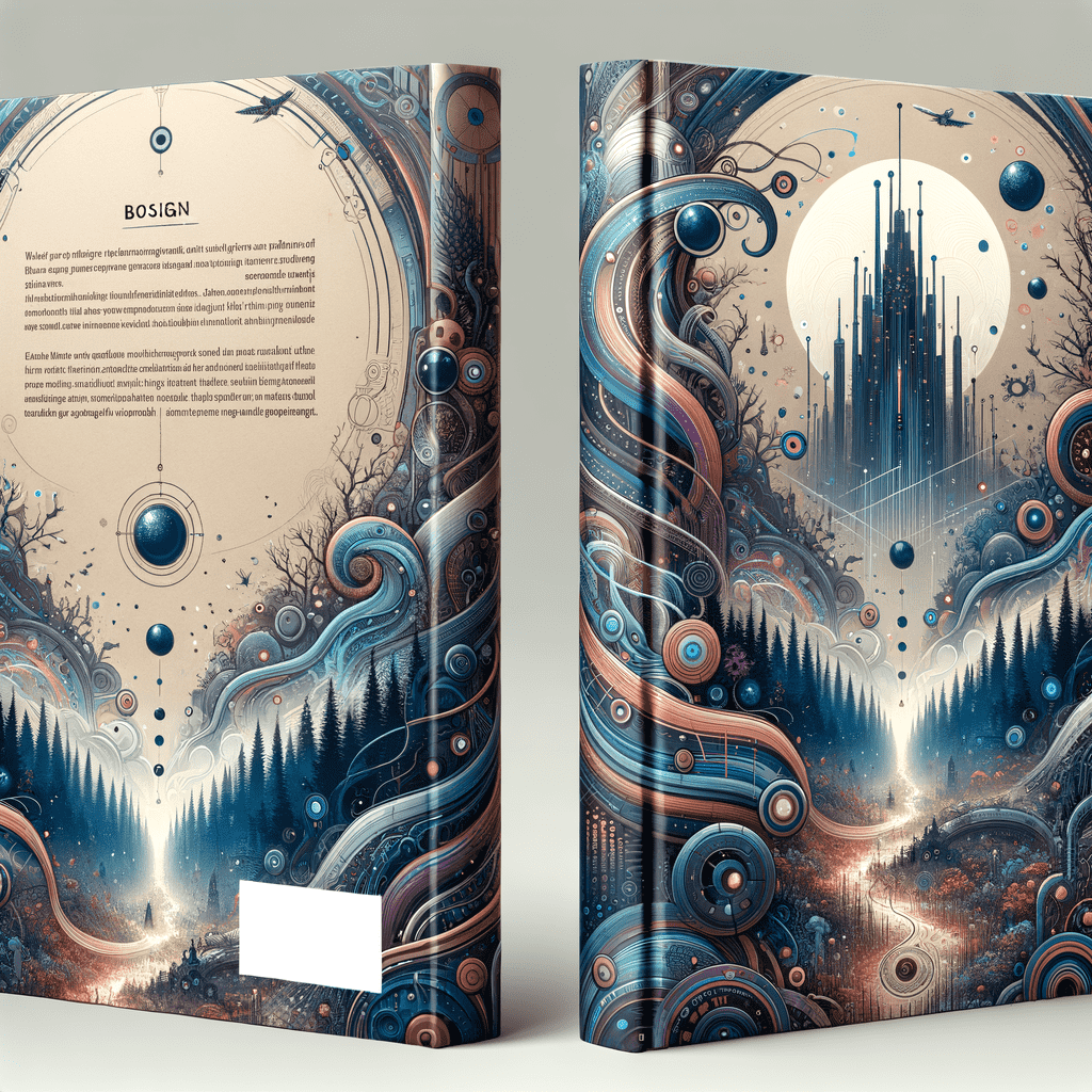 A book cover with an intricate and fantastical illustration blending elements of nature and machinery; featuring swirling patterns, forest scenery, and a stylized cityscape under a starry sky.