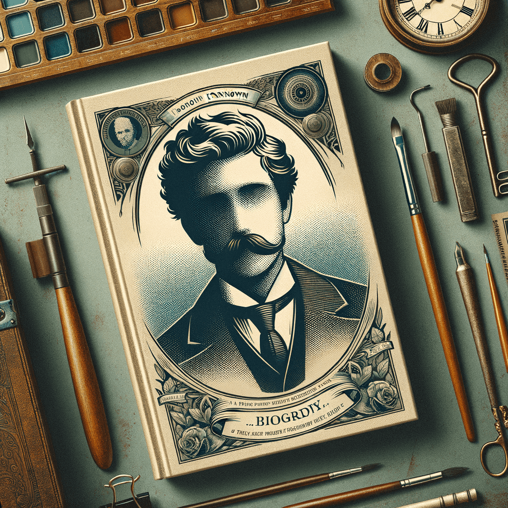 A vintage-styled book cover with a portrait of a man sporting a mustache and labeled "Biography." The cover rests on a wooden desk surrounded by various drawing tools.