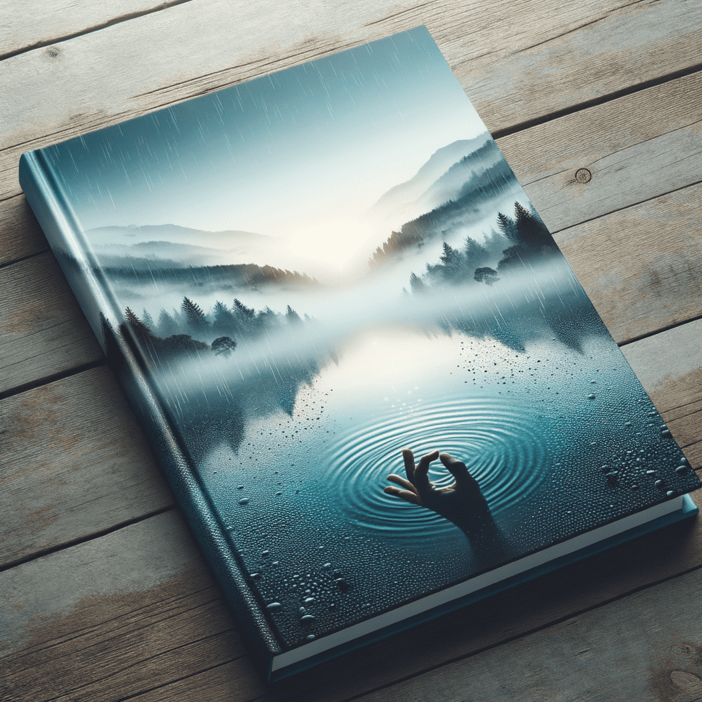 Book cover depicting a misty mountain landscape with a hand reaching out from tranquil waters under a rainy sky.