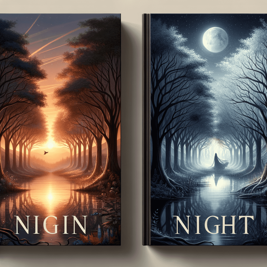 Book cover artwork displaying a side-by-side day and night scene with a mirrored image of a tree-lined path leading to a central horizon, a bird flying at sunset on the left, and a boat beneath the moon at night on the right. The titles "Origin" and "Night" are overlayed on each respective side.