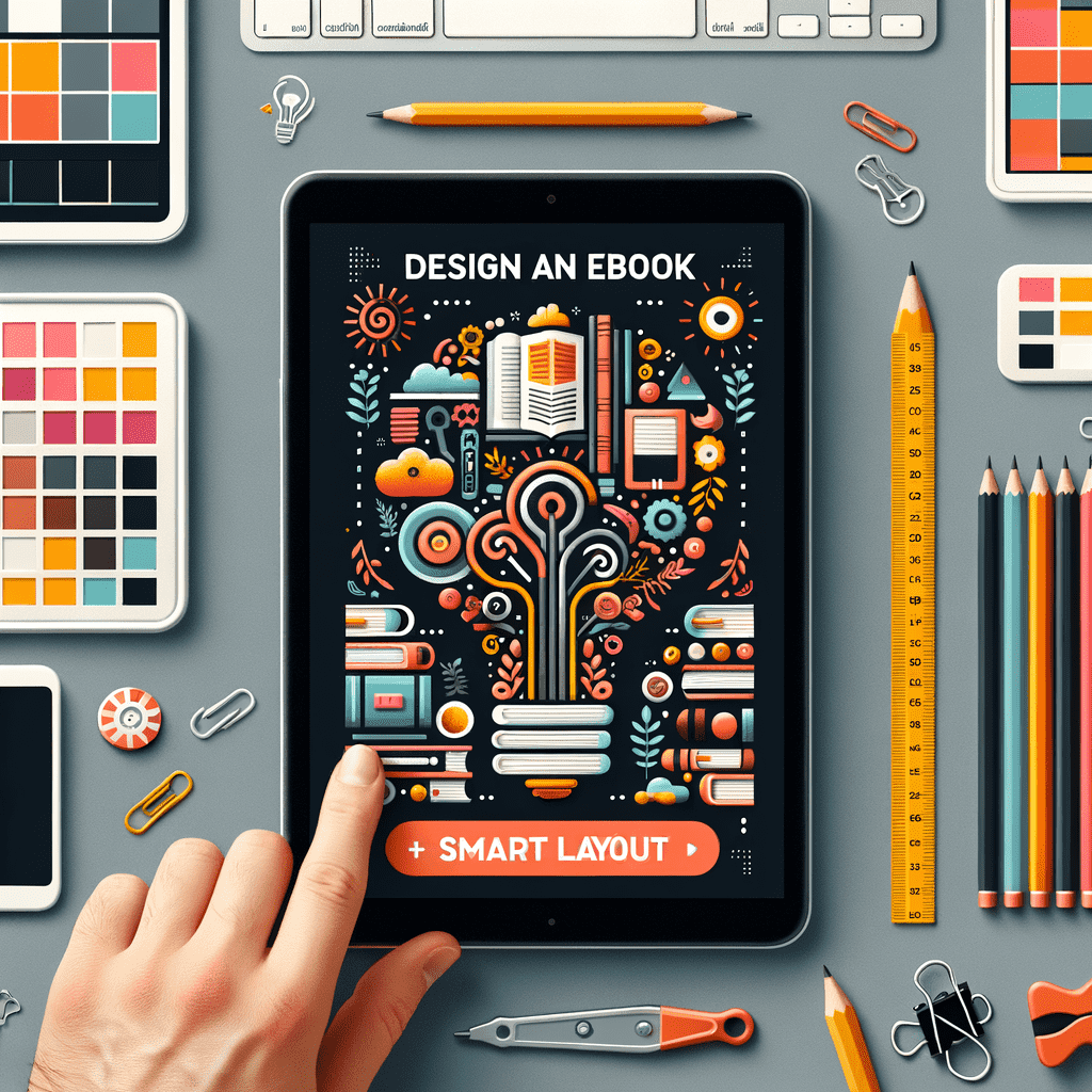 Alt-text: A graphic design of an eBook cover displayed on a tablet, featuring a colorful, intricate illustration with a central motif of a stylized tree whose branches form a network of various design elements related to writing and creativity. The cover title reads "Design an eBook + Smart Layout." The tablet is surrounded by design tools like pencils, color swatches, and paper clips, suggesting a creative workspace. A hand is touching the tablet screen.