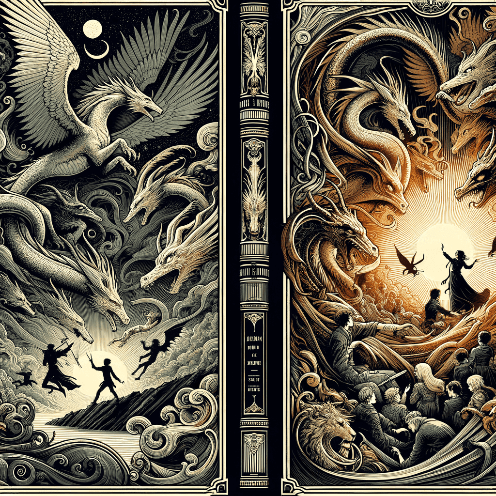 An intricately designed book cover featuring a fantasy scene with dragons, warriors, and sea monsters in a detailed monochromatic style with gold accents.