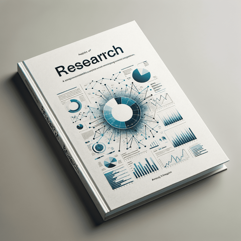 Alt text: "A book cover titled 'Research' with an array of charts and infographics, including pie charts, bar graphs, and line charts, in shades of blue and grey, indicating data analysis and statistics."