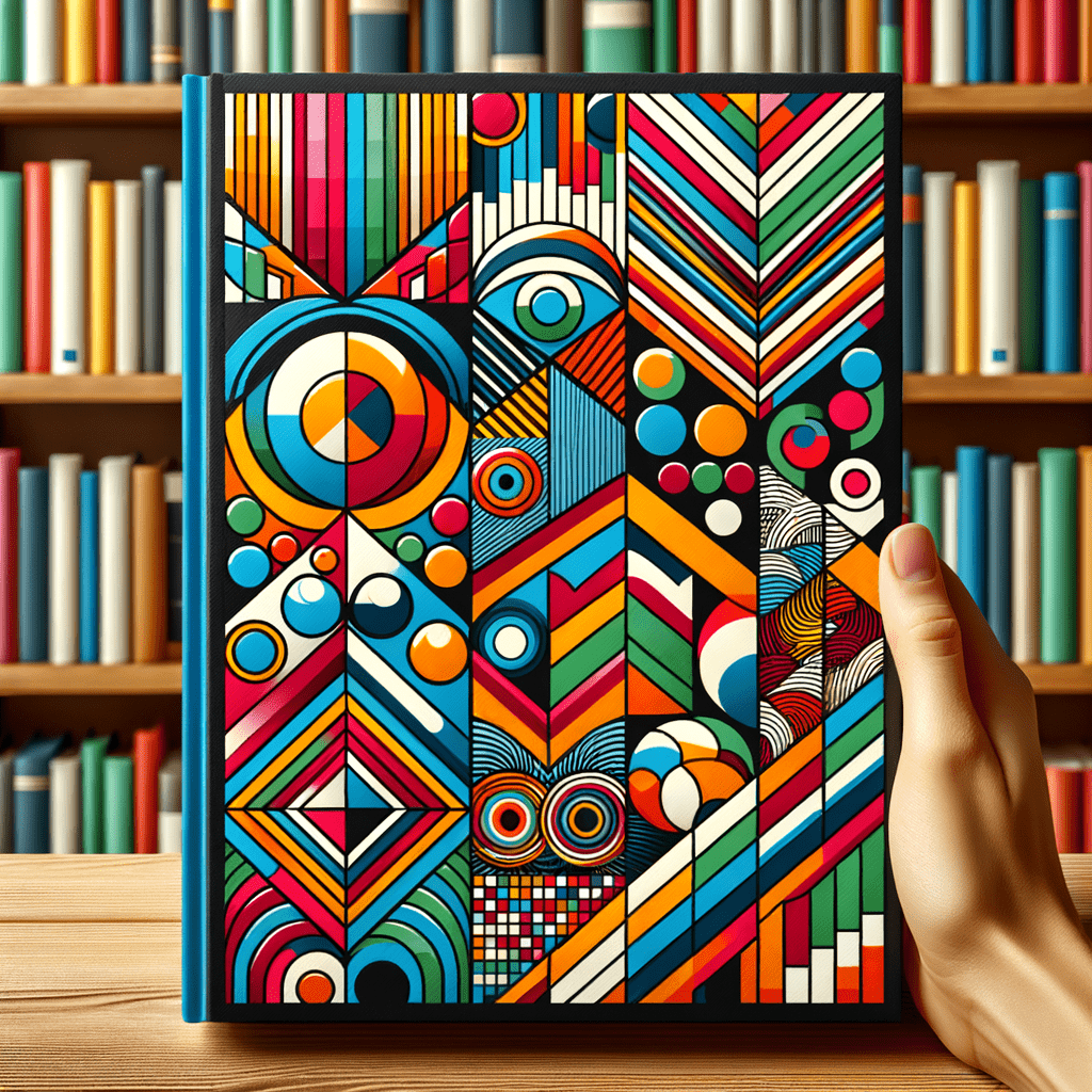 A colorful and abstract book cover design featuring geometric patterns and shapes with a hand holding it in front of a bookshelf.