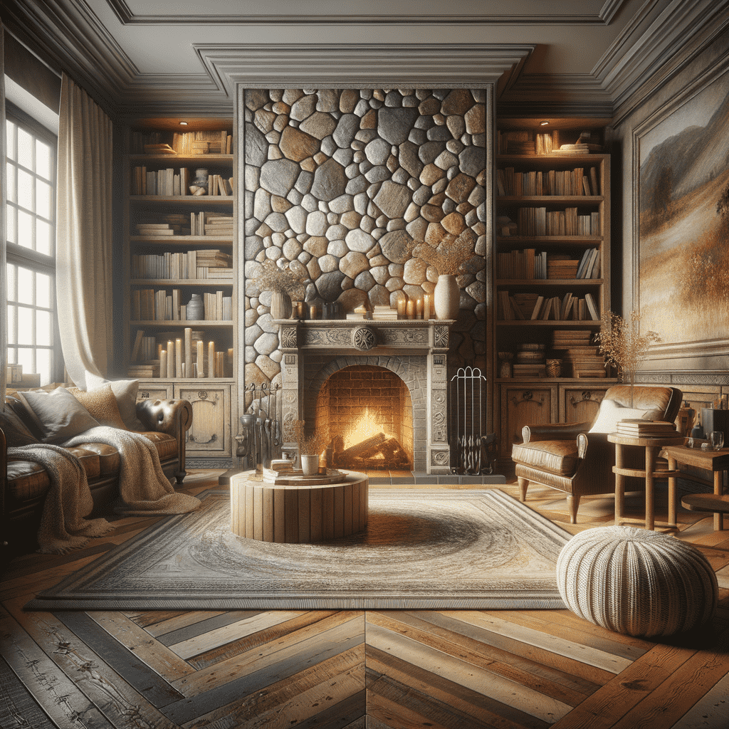 A cozy and elegantly designed living room with a fireplace surrounded by a wall of neatly stacked stones. The hearth is situated between two floor-to-ceiling bookshelves, with a burning fire adding warmth to the space. Comfortable seating, including chairs and a sofa, is arranged around a circular central coffee table on a herringbone wood floor, and a large landscape painting adorns the wall, enhancing the room's classic charm.