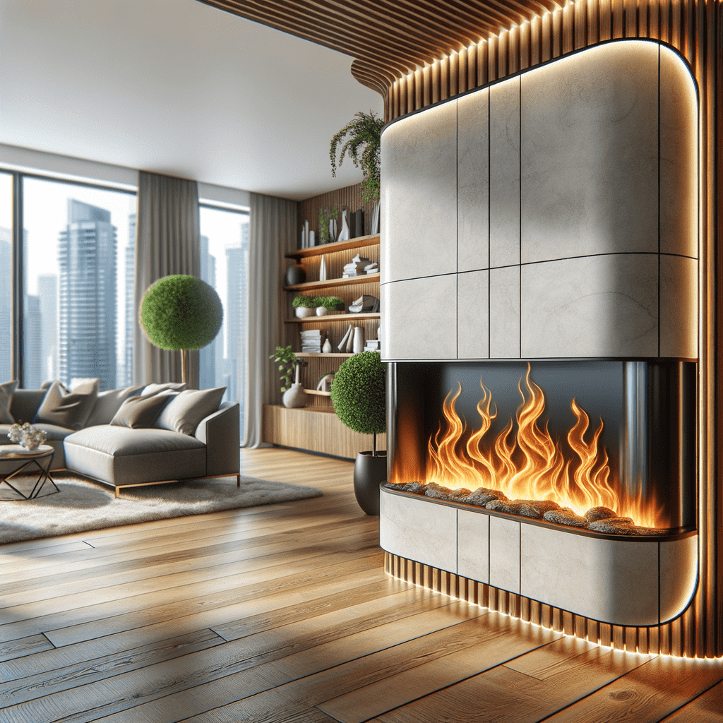 An elegant modern fireplace with a sleek design integrated into a light-colored stone wall, featuring a vibrant fire behind a glass panel, set in a stylish room with a view of a cityscape.