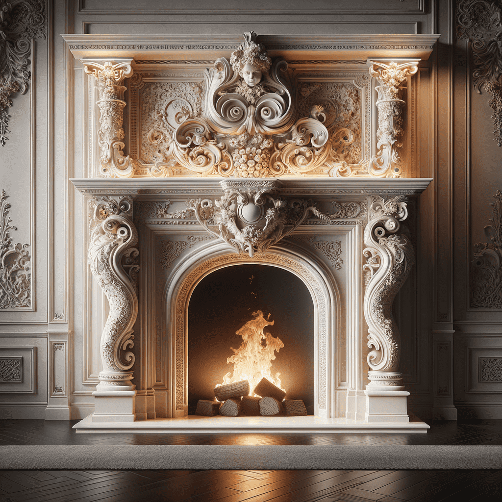 An ornately carved fireplace hearth with a glowing fire, set against a paneled wall with intricate detailing.