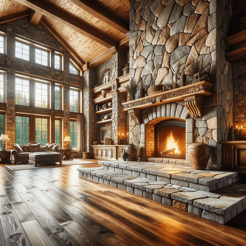 A cozy, rustic living room with a large stone fireplace hearth, roaring fire, wooden beamed ceilings, and expansive windows overlooking nature.