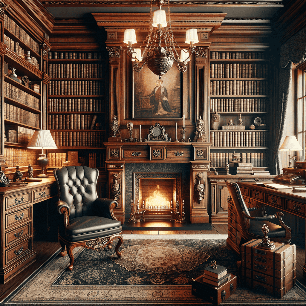 An opulent study room with a carved wooden fireplace, a chandelier, and bookshelves, featuring a classic wingback chair and a decorative rug.