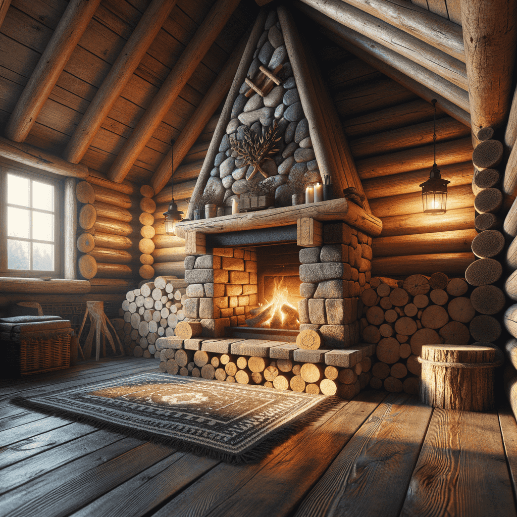 A cozy log cabin interior with a large stone fireplace lit with a warm fire, flanked by stacks of round logs. The hearth features a decorative eagle emblem at the top. A textured rug lies in front, and vintage lanterns hang from the wooden beams, adding to the rustic ambiance.