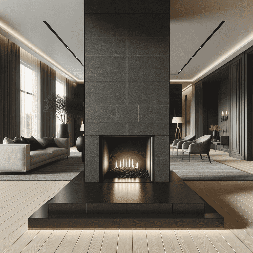 A modern living room with a sleek, black fireplace hearth located in the center of a dark tiled wall, complete with a glowing fire. The room has a contemporary design aesthetic with elegant furniture and large windows draped with curtains.