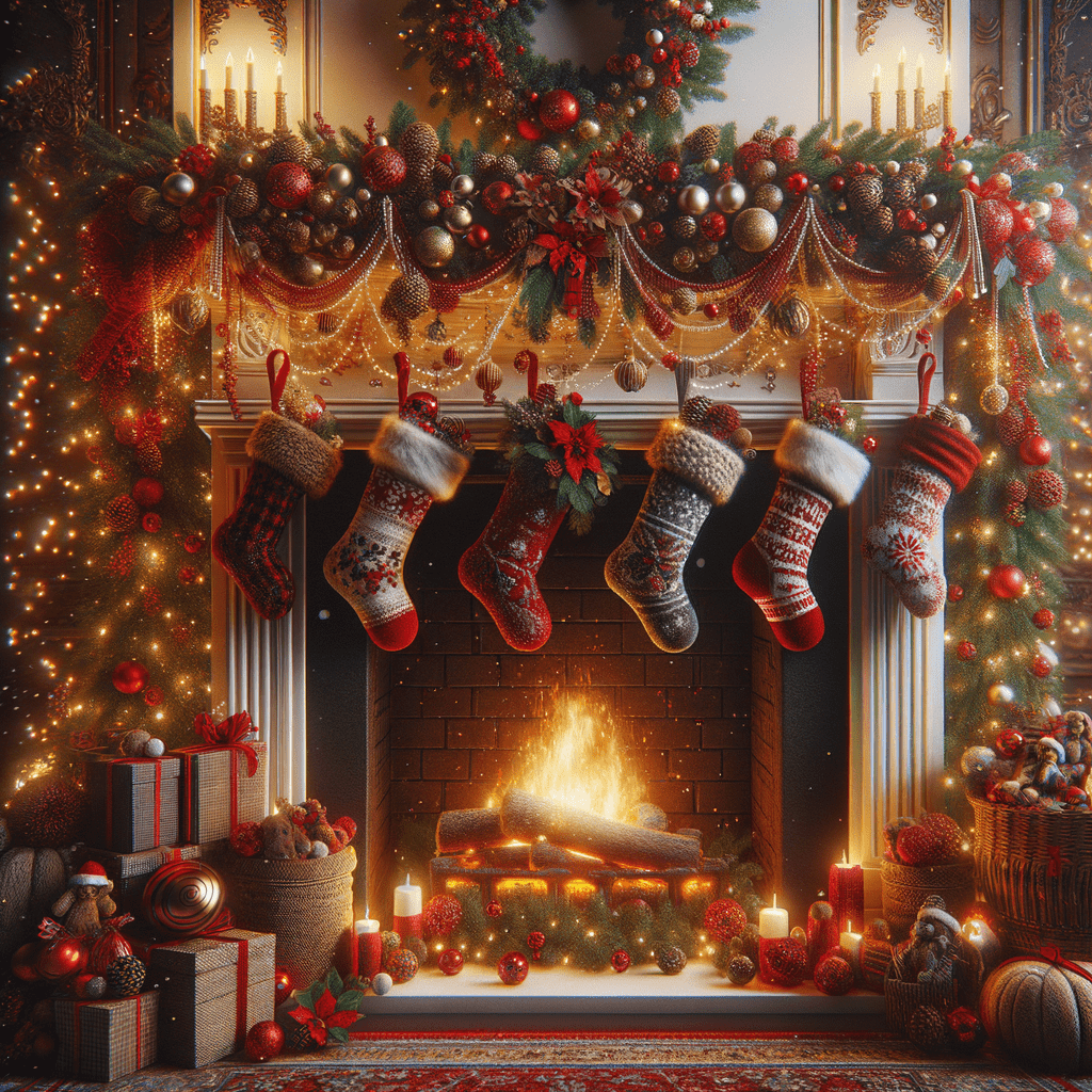 A festively decorated fireplace with a roaring fire, stockings hung along the mantel, surrounded by candles, wrapped presents, and holiday ornaments.