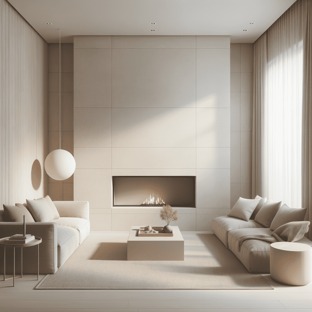 A modern and minimalist living room with a sleek, built-in fireplace hearth set into a lightly colored wall, flanked by comfortable seating and subtle decor.