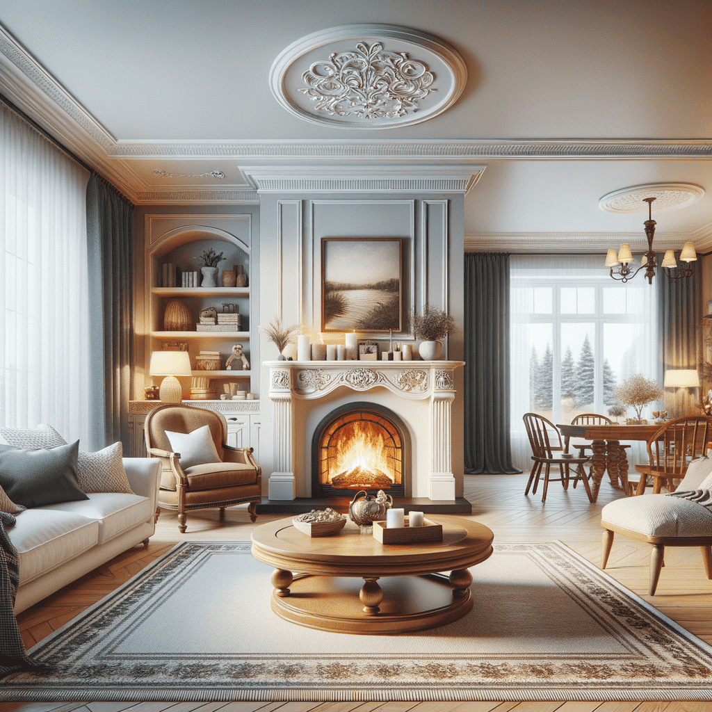 An elegant living room with a classic white fireplace hearth, a roaring fire, ornate moldings, and a furnished interior with comfortable seating and a circular wooden coffee table.