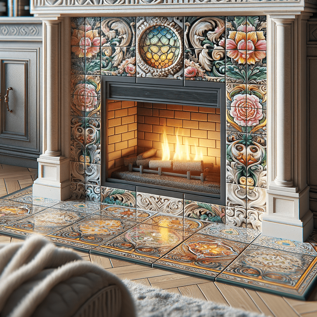 An ornately decorated fireplace with patterned ceramic tiles featuring floral motifs surrounding the hearth, which has a lit fire, set against a room with classic wood paneling and decorative floor tiles.