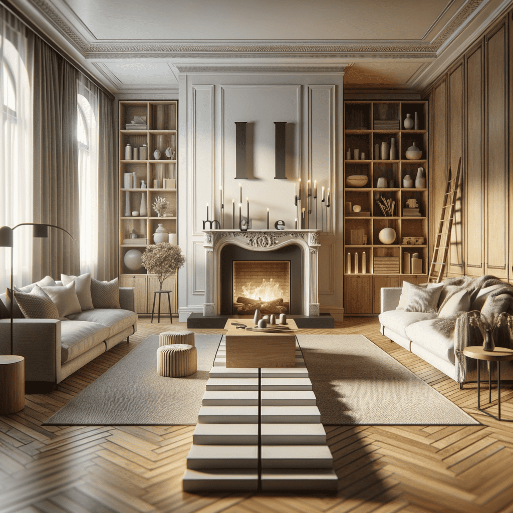 Elegant living room with a classic fireplace at the center flanked by built-in bookshelves, a cozy fire burning, and stylish furniture arranged thoughtfully around a central coffee table on a herringbone parquet floor.