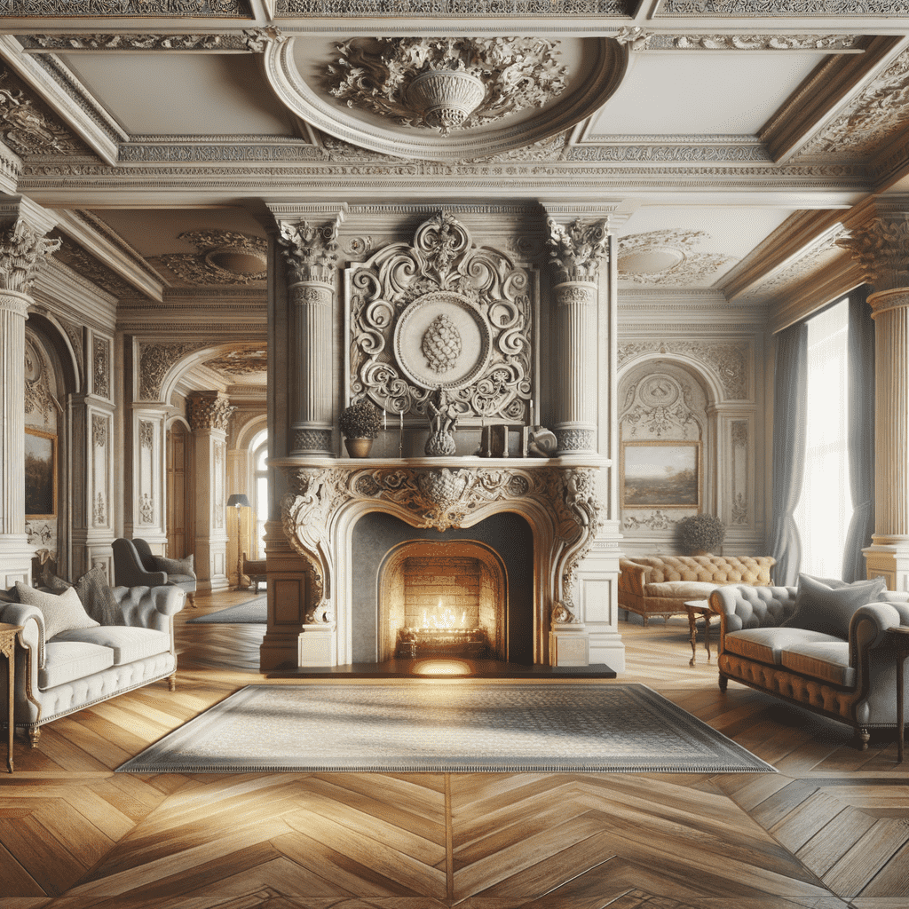 Ornate fireplace hearth in a luxurious room with detailed moldings, elegant furniture, and a patterned wood floor.